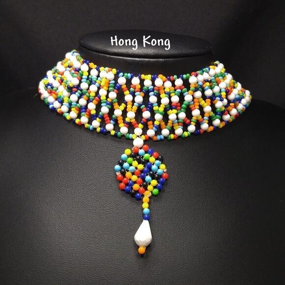 Hong Kong Hand Made Small Beaded Collar Necklace, Boho Seed Beads, 14 1/2 Inches - Picture 1 of 10